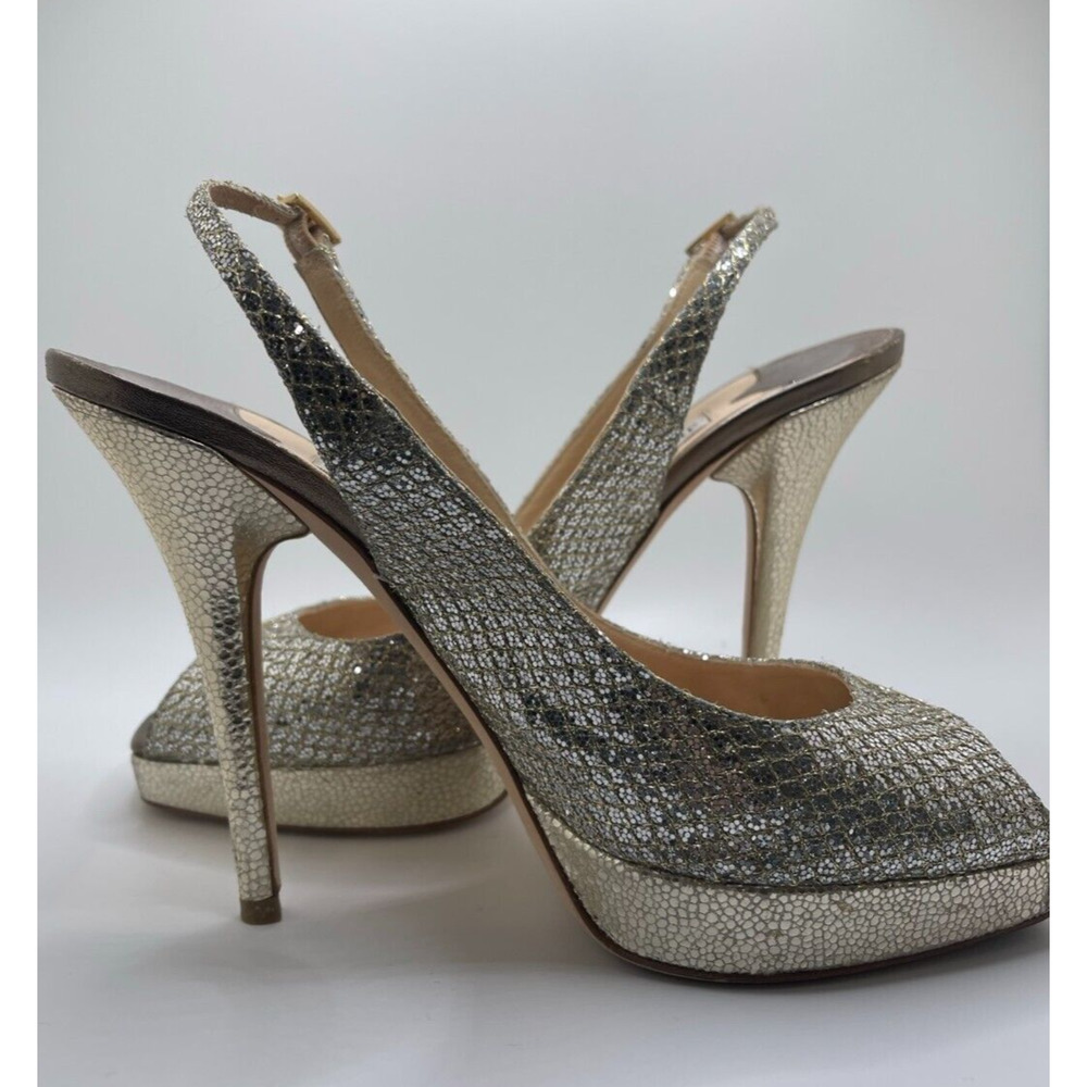 Jimmy Choo 36.5 / 6.5 Heels Peeptoe Nova Glitter Champagne Pumps Slingback + BOX - Picture 2 of 15